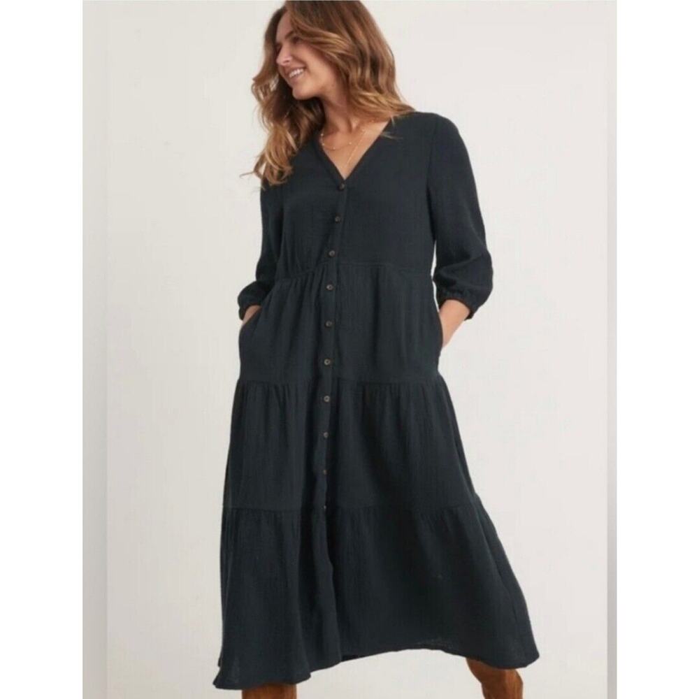 Marine Layer Womens XS Black Willow Doublecloth tiered Midi shirt Dress